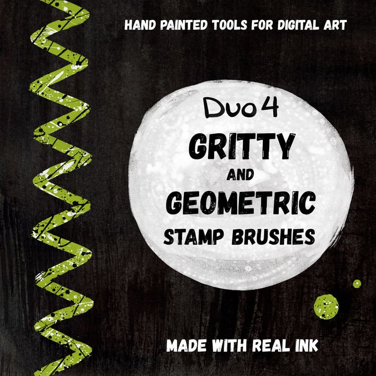 Hand Painted Tools for Digital Art. Made with Real INK. Duo 4 Gritty and Geometric Stamp Brushes. Stamp Shapes - Paint Splattered ZigZag