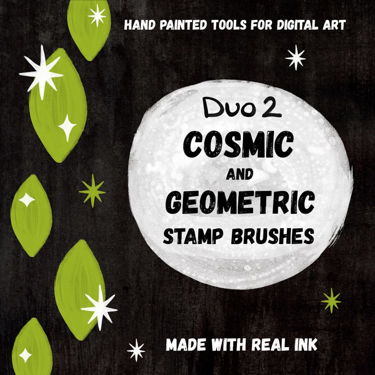 Hand Painted Tools for Digital Art. Made with Real INK. Duo 2 Cosmic & Geometric Stamp Brushes - Stamp Shapes textured almonds and retro Sputnik stars