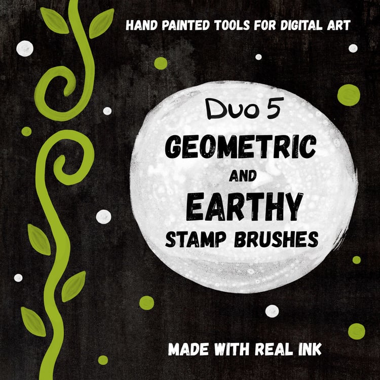 Hand Painted Tools for Digital Art. Made with Real INK. Duo 5 Geometric and Earthy Stamp Brushes. Stamp Shapes - Curly vines and polka dots