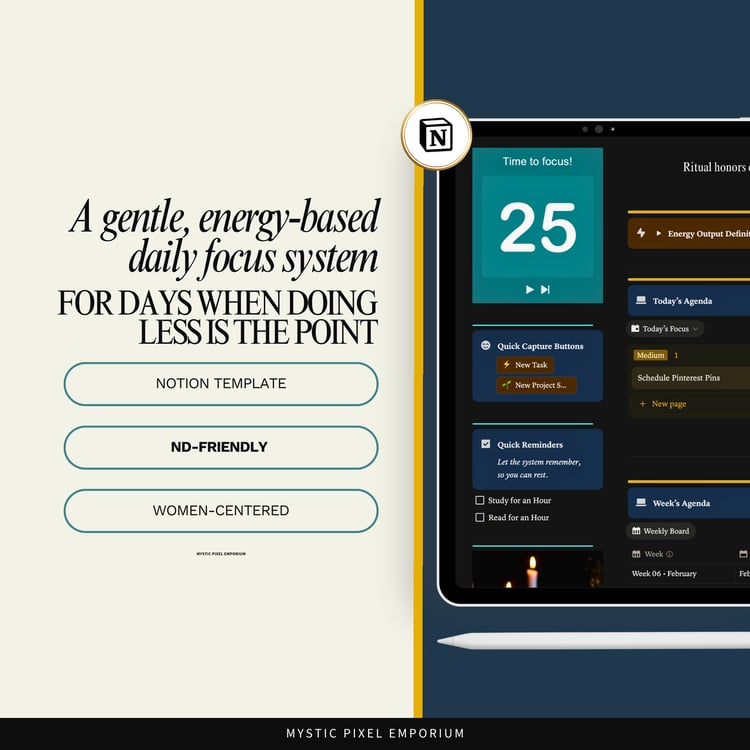 Overview graphic describing the Dusk Daily Focus Compass as a gentle, energy-based daily focus system for days when doing less is the point, designed as an ADHD-friendly Notion template.