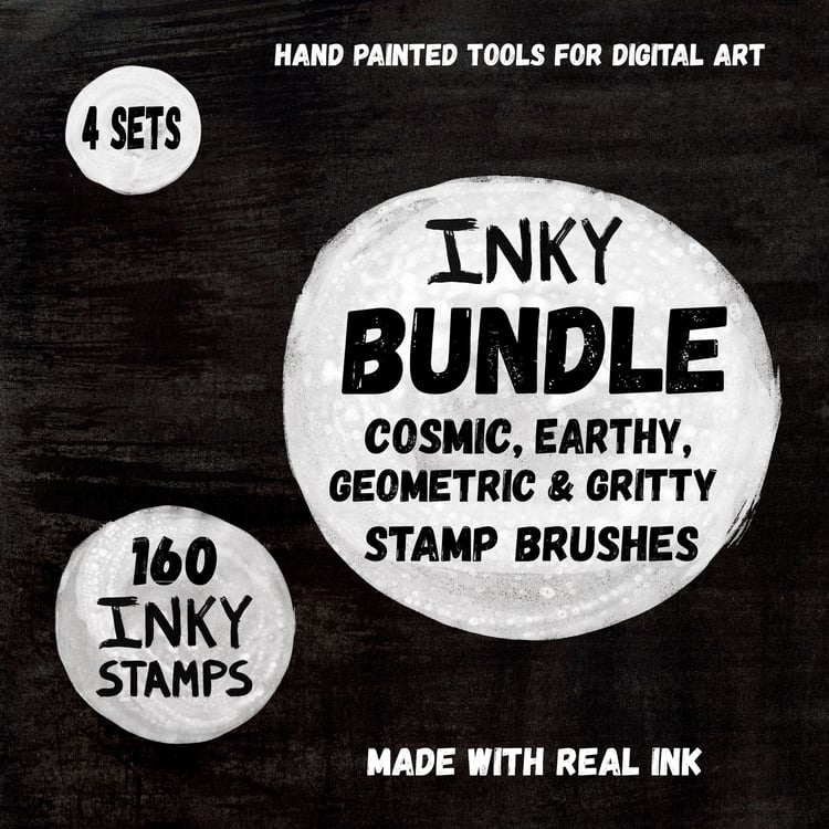 Hand Painted Tools for Digital Art. Made with Real INK. INKY Bundle - Cosmic, Earthy, Geometric & Gritty Stamp Brushes. 160 INKY STAMPS. 4 Sets