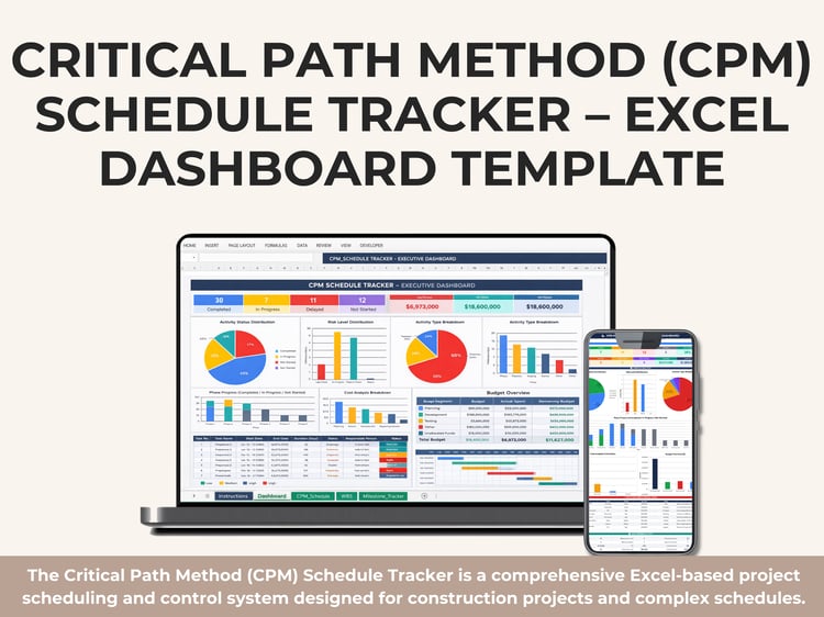 Critical Path Method CPM Schedule Tracker Excel dashboard showing project KPIs, activity status distribution, critical path analysis, risk levels, phase progress, float analysis, budget overview, and executive project health metrics.