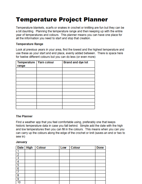 a typed planner giving a series of lined charts to write in your temperatures and colours to create a temperature blanket