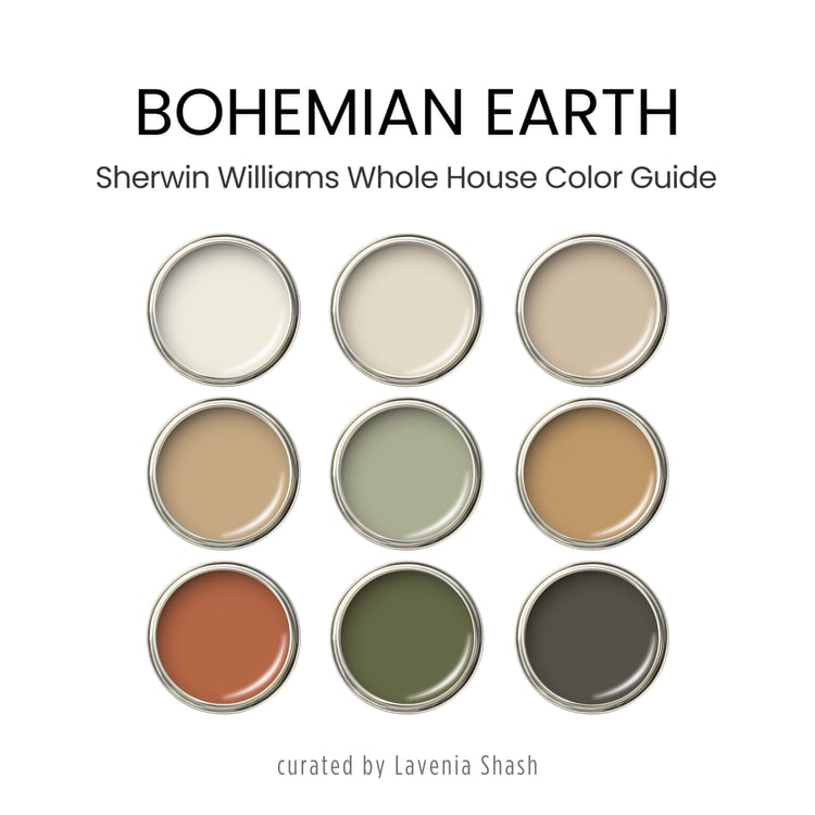 Boho color palette for home interior with Sherwin Williams paint scheme by Lavenia Shash.
