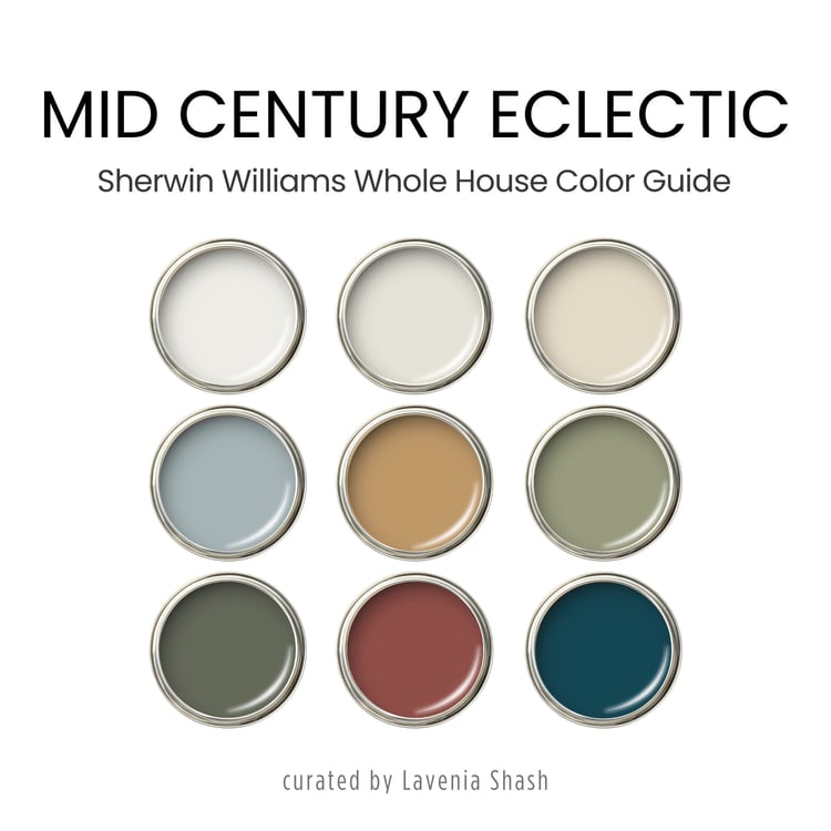 Sherwin Williams Mid Century Eclectic Color Palette For Whole House Interior. Paint Scheme With Jewel Tones For Maximalist and Boho Home Deco.
