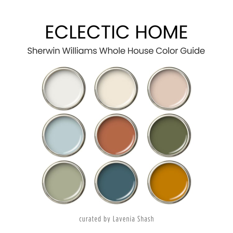 Eclectic color palette for home interior with Sherwin Williams paint scheme by Lavenia Shash.