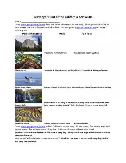 Scavenger Hunt California National Parks and State Parks Webquest Digital