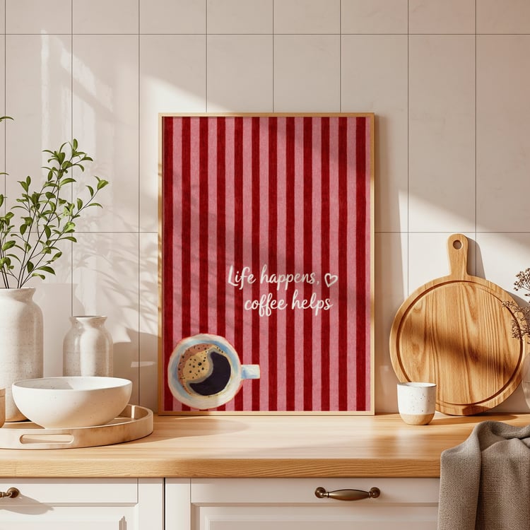 coffee wall art, coffee quote poster, kitchen wall art printable, coffee printable art, cafe wall decor, coffee bar decor, kitchen poster download, modern coffee art, coffee lover gift, striped wall art, cozy kitchen decor, coffee print digital, red strip