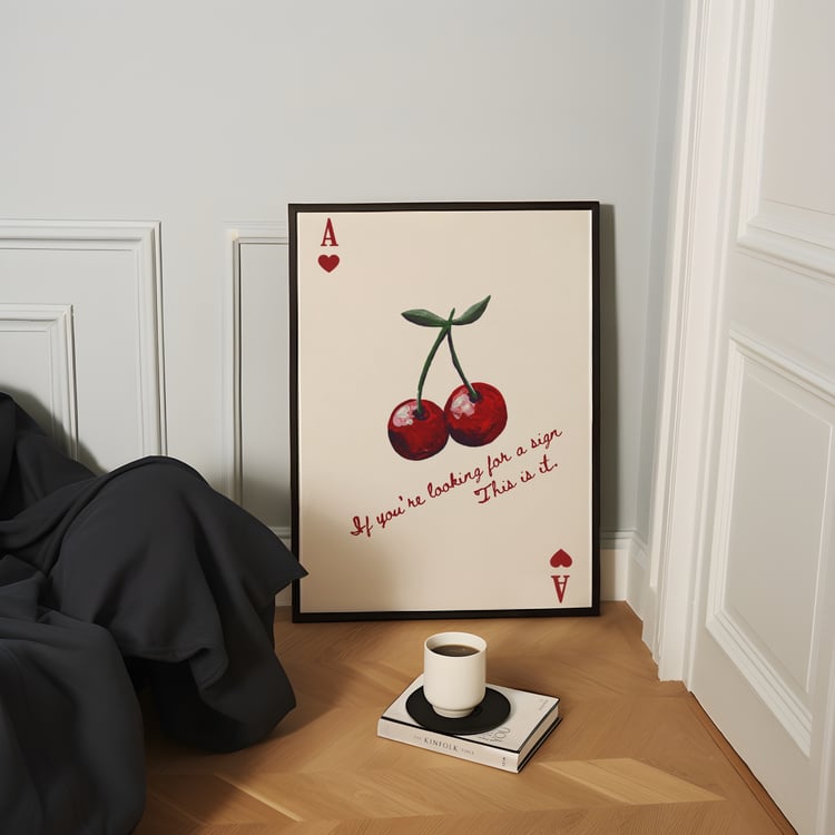 cherry wall art, quote poster printable, typography wall art, ace of hearts art, playing card wall art, modern printable poster, gallery wall art download, aesthetic wall art, red cherry poster, statement wall art, digital wall art print, retro ace card p