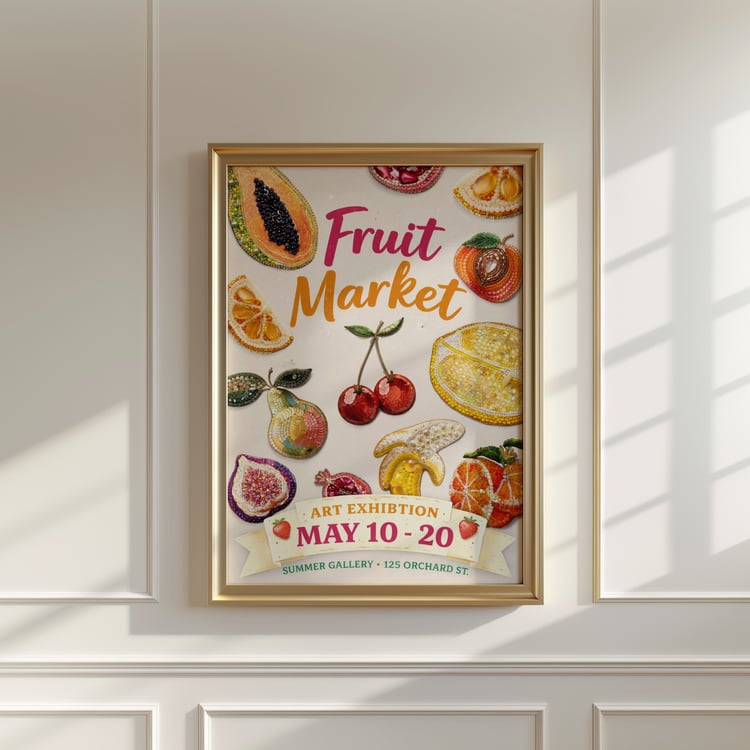 fruit wall art, exhibition poster printable, gallery wall art, colorful fruit print, beaded fruit artwork, modern art poster, kitchen wall art printable, aesthetic wall art, contemporary poster design, art exhibition style print, digital wall art download