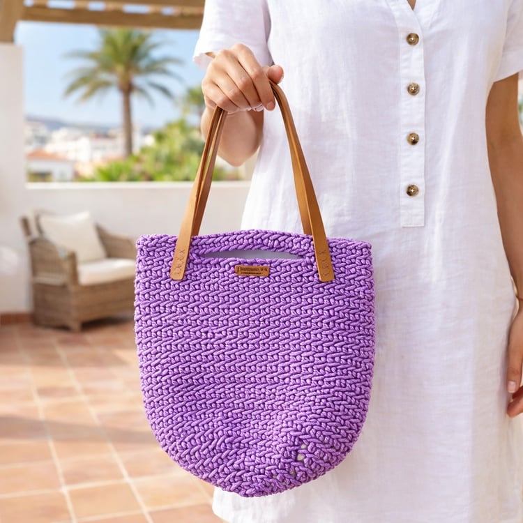 Purple crochet tote bag made with cotton rope, Isla Rope Tote PDF pattern by Andrea