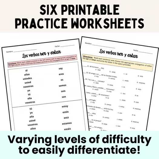 Spanish Verbs SER vs ESTAR - Practice Worksheets Sub Plans & Activities