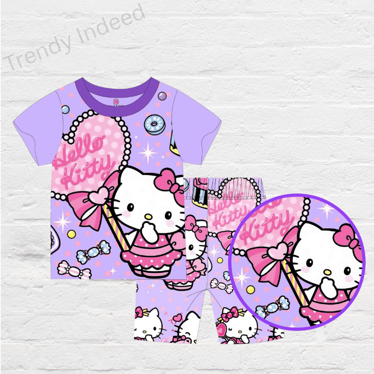 Cute cartoon cat inspired kids top and shorts set in cotton blend XE2030B