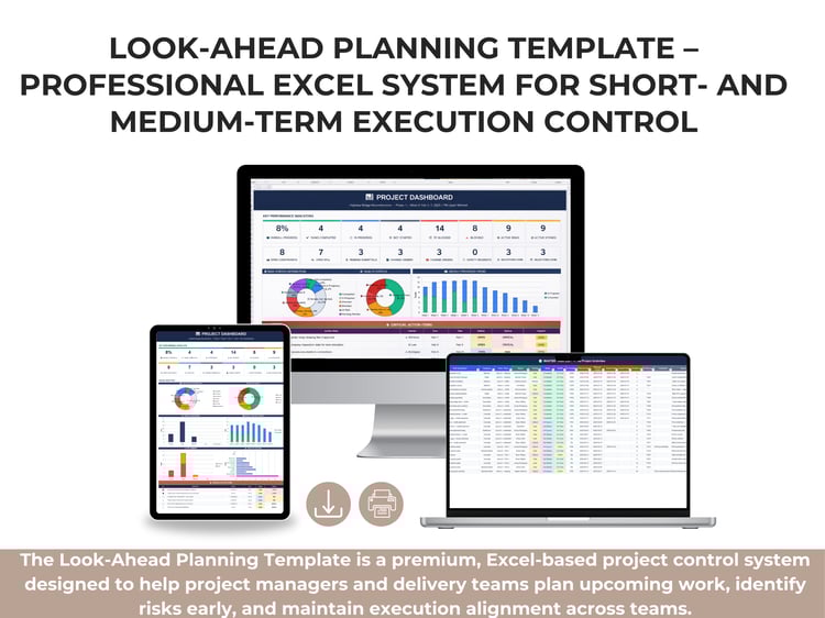 Premium Excel look-ahead planning dashboard with KPIs, task status, risks, constraints, milestones, and critical action items
