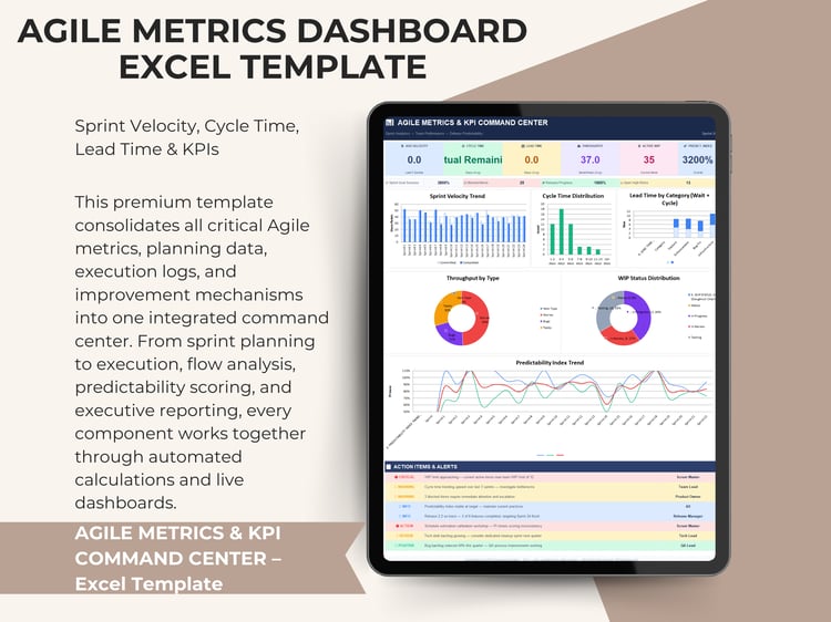 Agile Metrics Dashboard Excel Template showing sprint velocity, cycle time, lead time, throughput, WIP, and predictability KPIs