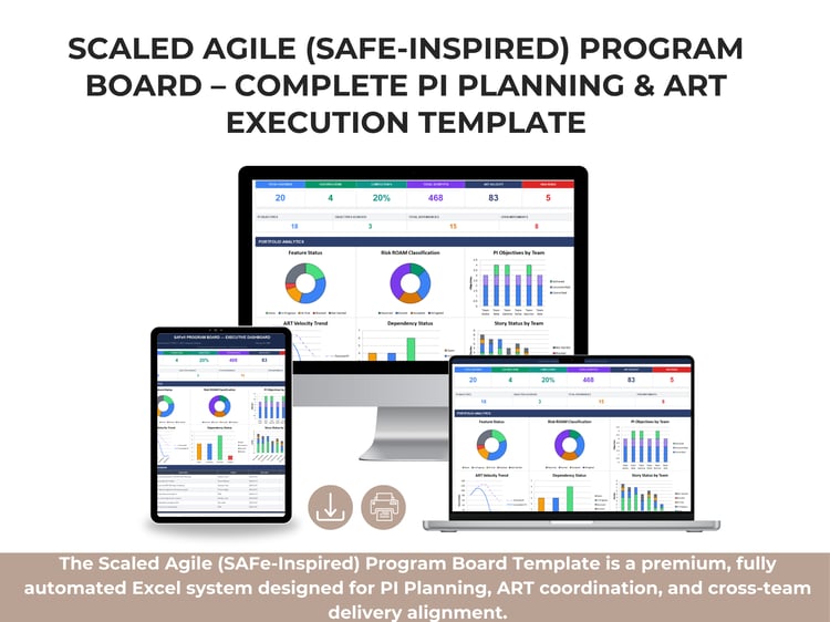 SAFe-Inspired Program Board Excel Template showing PI objectives, feature flow, dependencies, risks, and executive dashboard for scalable agile planning.