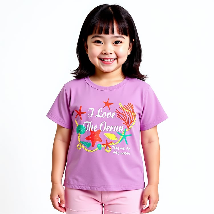 Cute girls short sleeve T-shirt with ocean-themed cartoon design