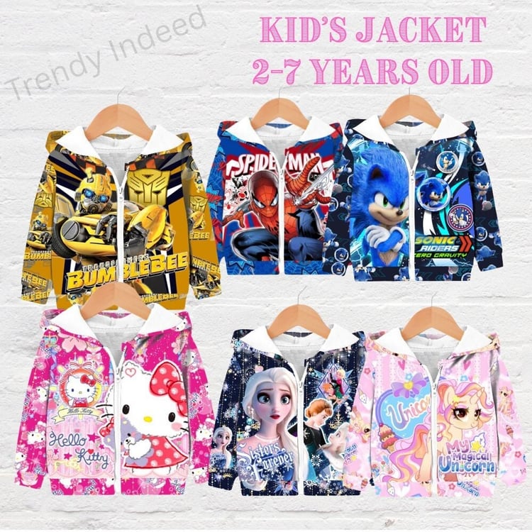 Colorful cartoon-style jackets for kids ages 2–7