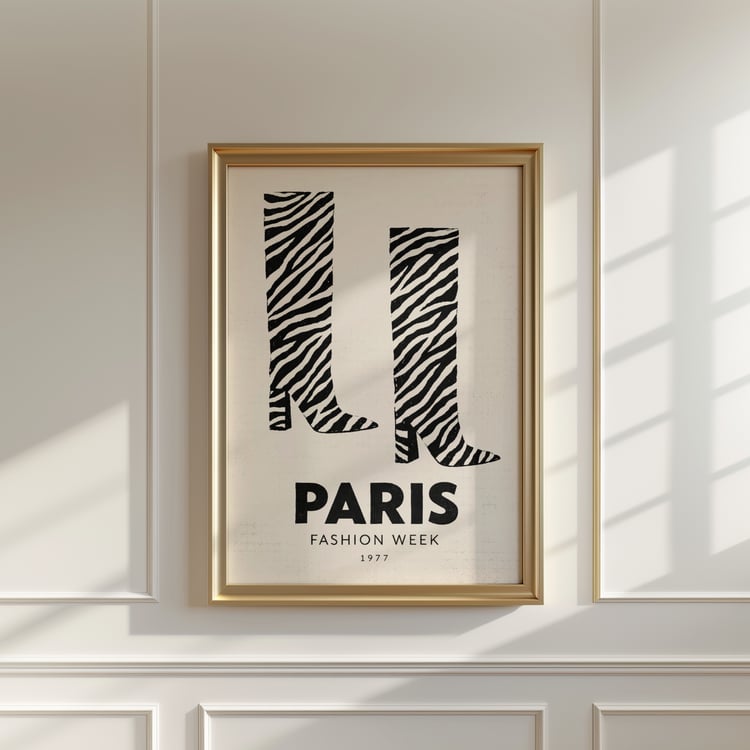 paris fashion week poster, paris fashion week wall art, fashion wall art, retro fashion poster, zebra print wall art, zebra boots poster, animal print wall art, y2k wall art, y2k apartment decor, trendy chic apartment decor, fashion illustration print, ru