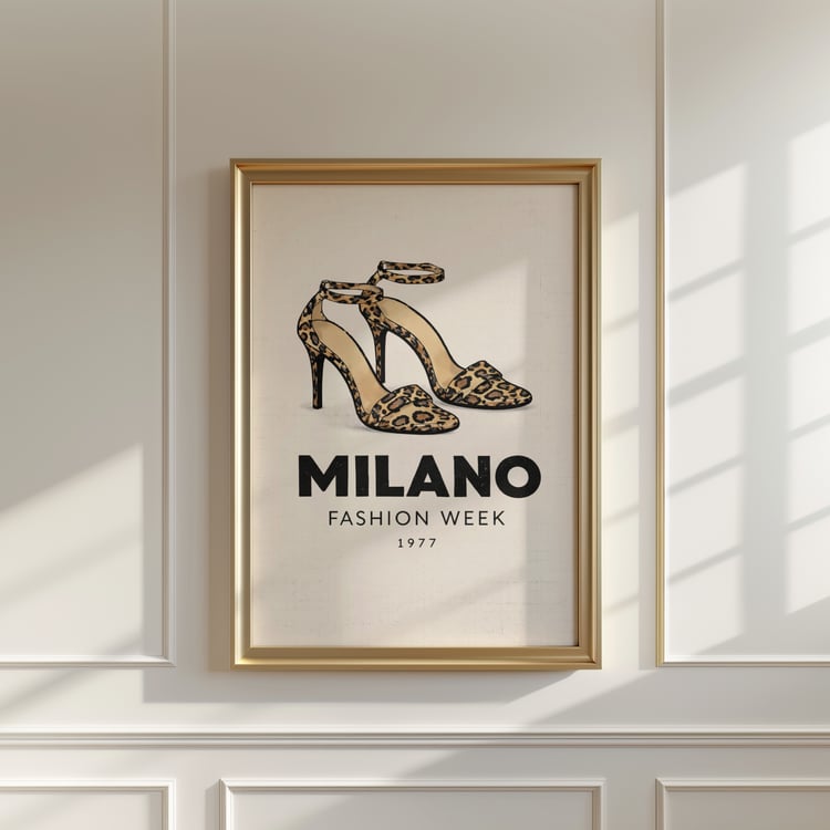milano fashion week poster, milano fashion week wall art, fashion wall art, leopard heels poster, leopard print wall art, animal print decor, retro fashion poster, vintage fashion print, runway fashion art, y2k wall art, y2k apartment decor, trendy chic a
