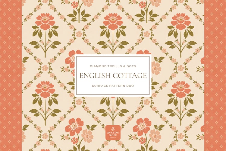 Vintage English Cottage pink diamond floral surface pattern design with pink polka dots