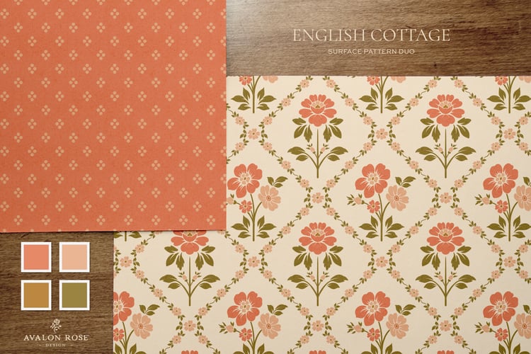 Vintage English Cottage pink diamond floral surface pattern design with pink polka dots on papers