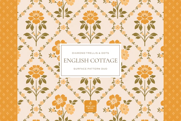 Vintage English Cottage yellow diamond floral surface pattern design with yellow polka dots