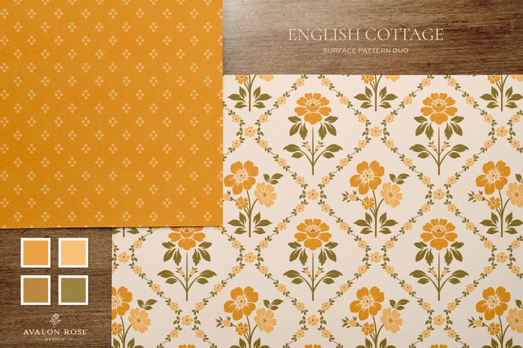 Vintage English Cottage yellow diamond floral surface pattern design with yellow polka dots on paper