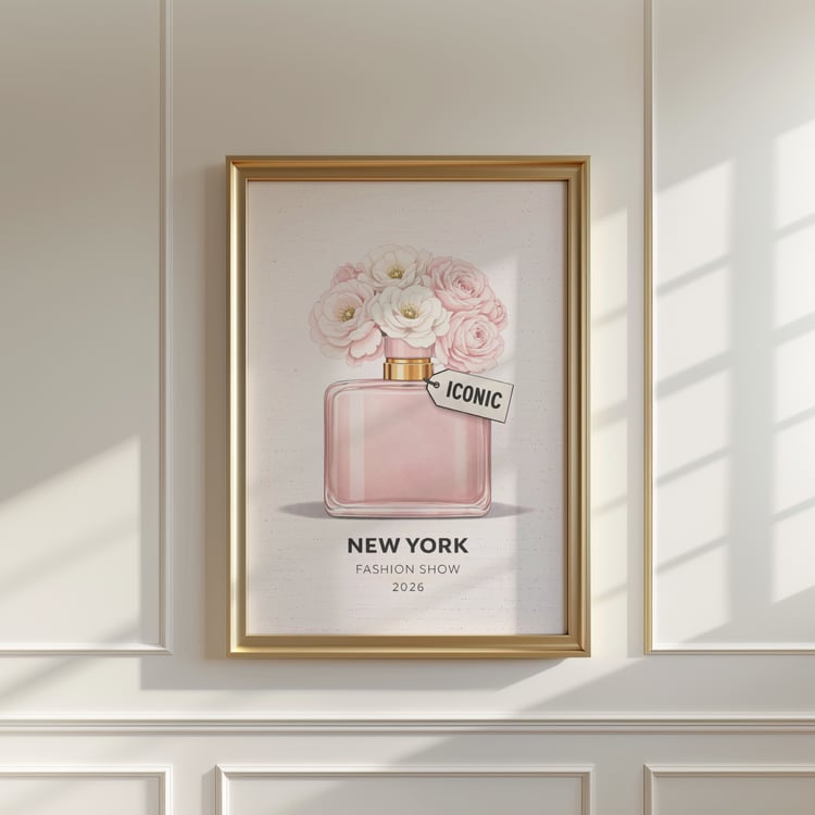 new york fashion show poster, new york fashion show wall art, pink perfume wall art, pastel fashion illustration, perfume illustration print, fashion wall art, luxury fashion decor, trendy chic apartment decor, y2k wall art, y2k apartment decor, editorial