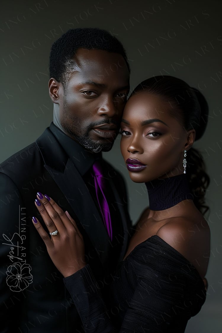 An intimate, high-contrast portrait of an elegant Black couple in formal wear. The woman, wearing a sleek ponytail and a textured black off-the-shoulder dress with a high collar, rests her hand on the man's chest, prominently displaying a large diamond en