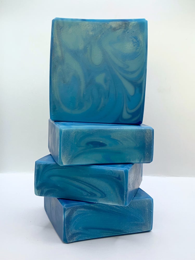 Stack of handmade Freestyle blue soap for men