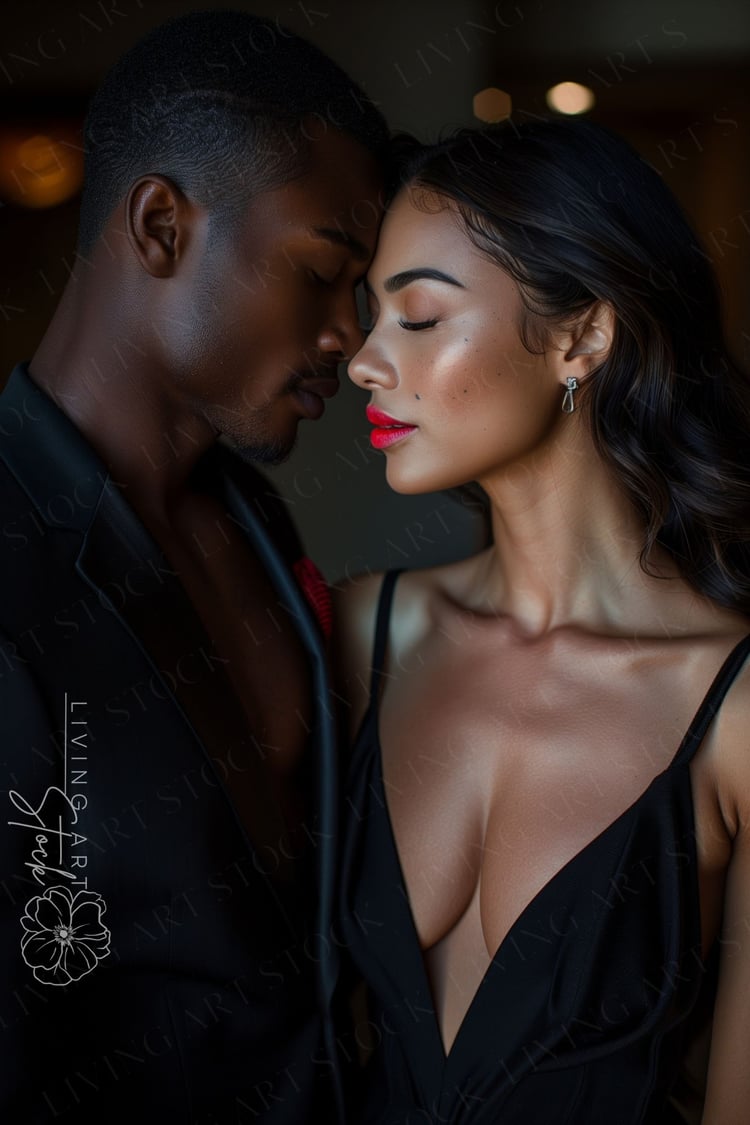 A profile shot of a diverse, attractive couple sharing an intimate moment with their foreheads touching and eyes closed. The woman features dark wavy hair, radiant skin, and vibrant red lipstick, wearing a plunging black V-neck dress and silver earrings. 