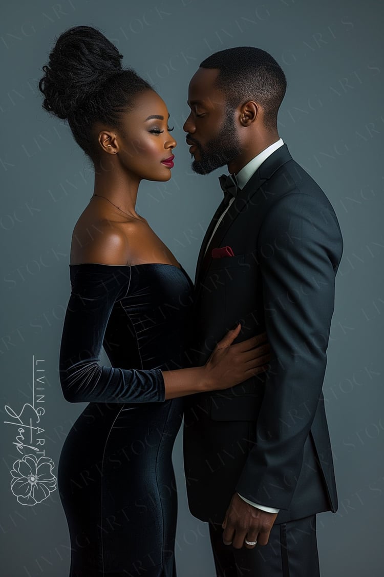 A studio portrait of a refined Black couple standing face-to-face in a state of quiet intimacy. The woman wears a form-fitting, off-the-shoulder velvet gown in deep navy, her hair styled in an intricate high bun. The man is dressed in a classic black tuxe