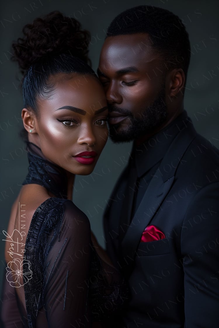 A captivating, cinematic close-up of an elegant Black couple in formal evening attire. The woman looks directly at the camera with a bold, confident expression, featuring flawlessly contoured makeup, shimmering highlighter, and a deep red matte lip. She w