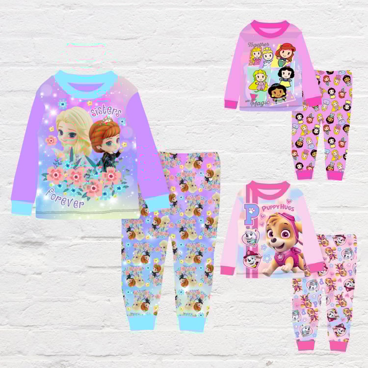 Kids pajamas set ages 3–8 with Paw Patrol, princess, and Frozen-inspired designs