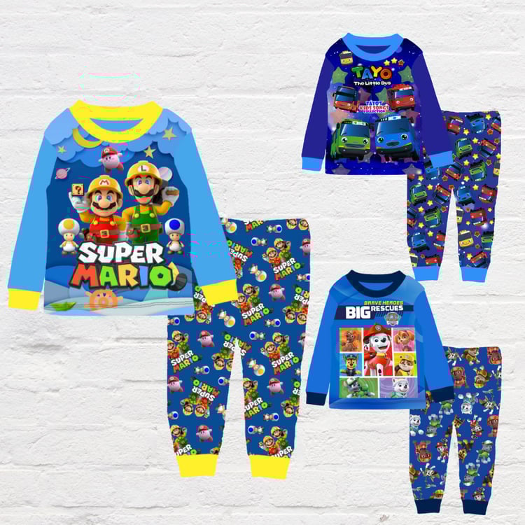 Cartoon-inspired kids pajamas ages 3–8 with Mario Brothers, Tayo Bus, and Paw Patrol style designs