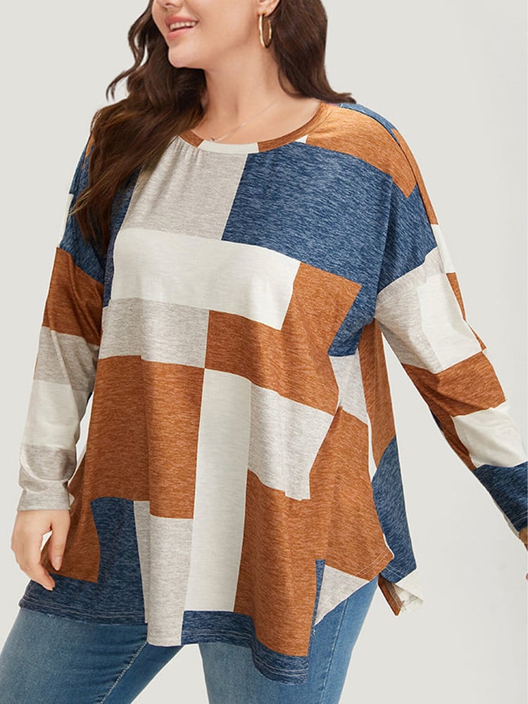 Plus size women’s long sleeve T-shirt with round neck color block print