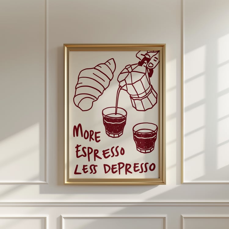 more espresso less depresso wall art, coffee wall art printable, funny coffee poster, espresso illustration print, kitchen wall art, coffee quote poster, burgundy wall art, cafe wall decor, modern coffee art, digital download wall art, printable kitchen d