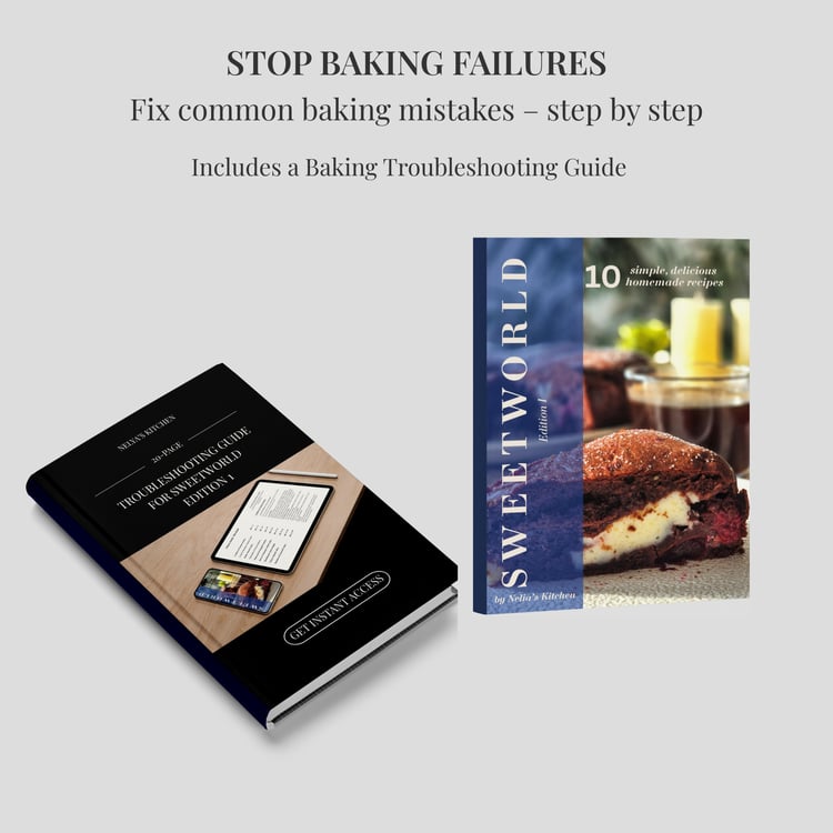 SweetWorld Edition 1 bundle mockup with SweetWorld cookbook cover and a bonus baking troubleshooting guide, headline “Stop Baking Failures” and “Fix common baking mistakes step by step” on a beige background.