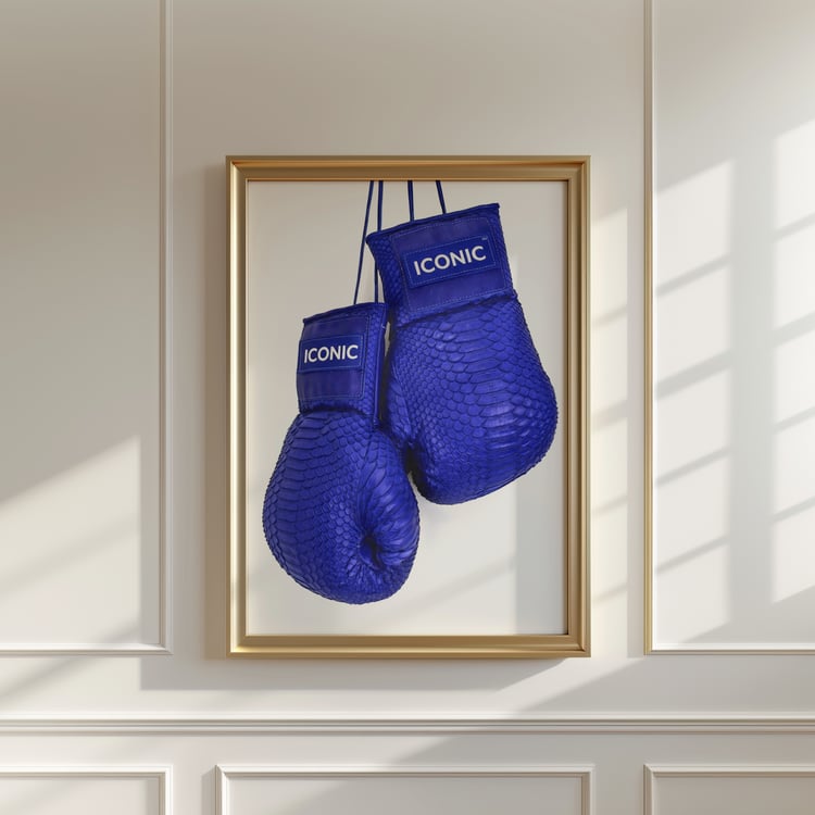 iconic boxing gloves wall art, boxing gloves illustration print, blue boxing wall art, fashion boxing poster, luxury boxing decor, modern gym wall art, fashion sports illustration, statement wall art print, contemporary wall decor, designer style wall art