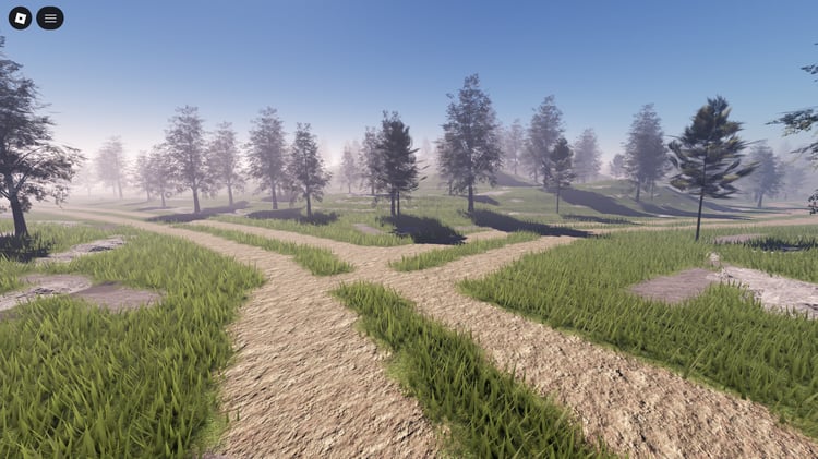 Dense woodland environment in Roblox game map