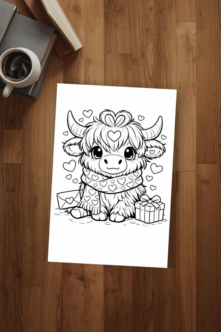 Printable Highland Cow coloring page for kids, classroom, homeschool, and calm-down activities.