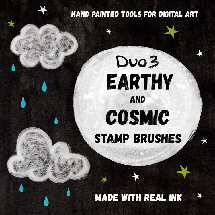 Hand Painted Tools for Digital Art. Made with Real INK. Duo 3 Earthy & Cosmic Stamp Brushes. Stamp Shapes - Textured clouds, stars and raindrops