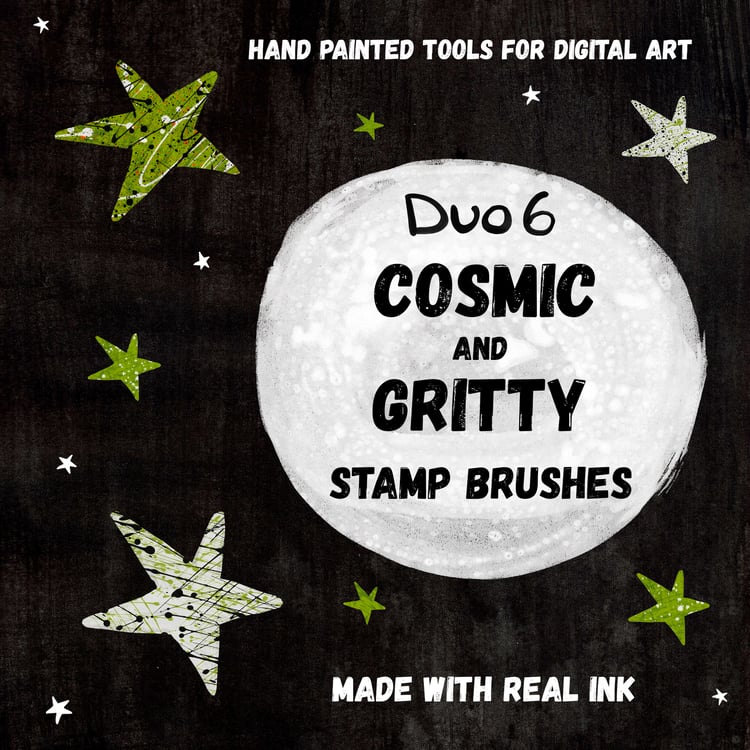 Hand Painted Tools for Digital Art. Made with Real - Duo 6 - Cosmic and Gritty Stamp Brushes. Stamp Shapes - Paint Splattered Stars
