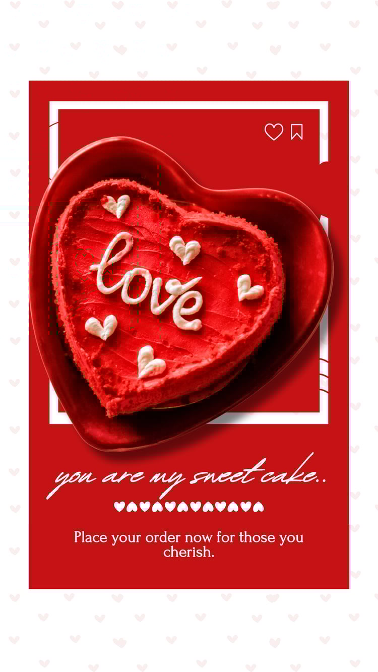 Heart-shaped red velvet Valentines Day cake with "Love" written in icing, digital greeting card design on a red and white background.