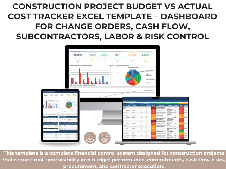 Construction Project Budget vs Actual Cost Tracker Excel dashboard showing KPI cards, budget vs actual charts, cash flow S-curve, change order status, subcontractor summary, labor cost analysis, risk register summary, and top budget variances.