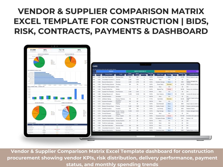 Vendor & Supplier Comparison Matrix Excel Template dashboard for construction procurement showing vendor KPIs, risk distribution, delivery performance, payment status, and monthly spending trends
