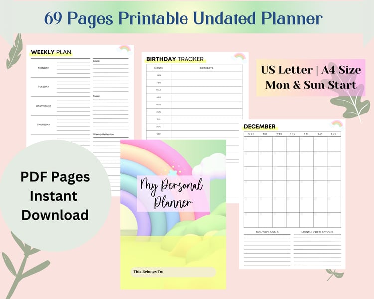 Undated planner printable for home and work organization