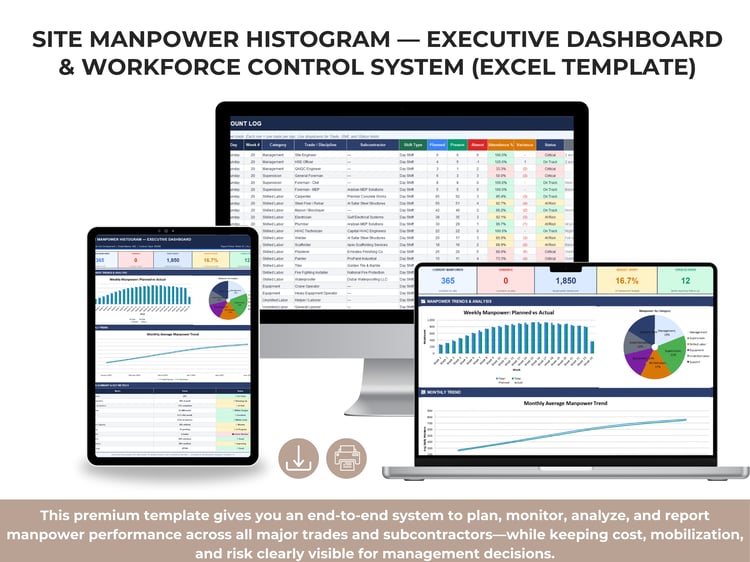 Site Manpower Histogram executive dashboard in Excel showing current manpower, variance, peak target, budget spent, open actions, weekly planned vs actual trend, monthly manpower trend, and project status metrics.