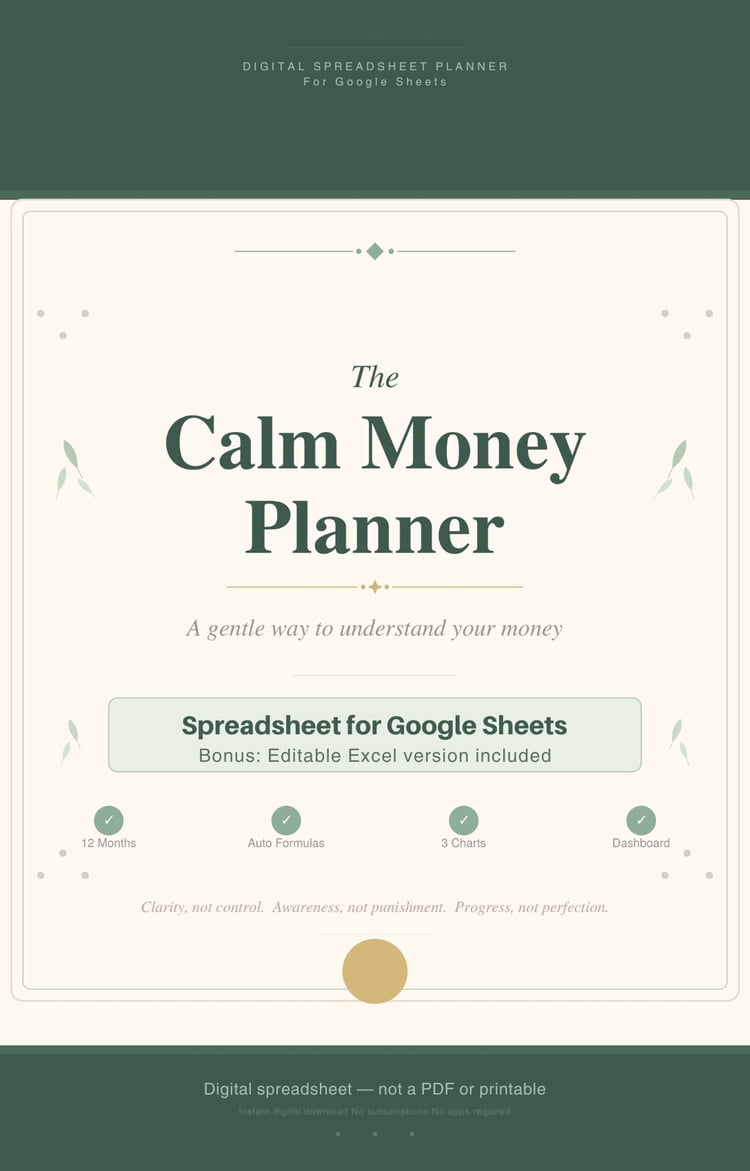 The Calm Money Planner spreadsheet for Google Sheets showing a gentle monthly budget layout with income, expenses, charts, and reflections in a calm green and cream design